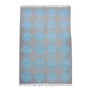 Light Blue & Gray Diamond Checker Zanafi Flatweave Moroccan Wool Rug 4x6 For Sale