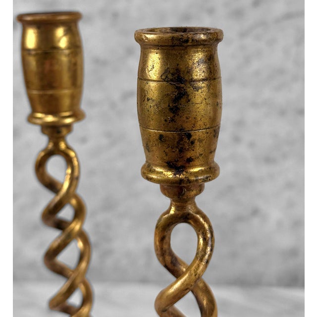 Antique Traditional Brass Twist Motif Candlestick Holders – A Pair For Sale - Image 6 of 9