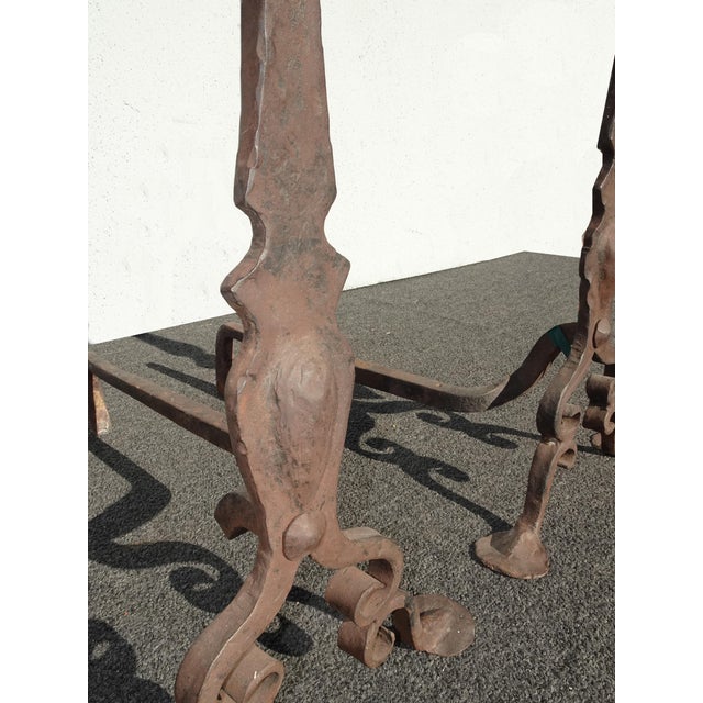 Brown Pair Antique Hand Forged Wrought Iron Andirons W Brass Finials For Sale - Image 8 of 12