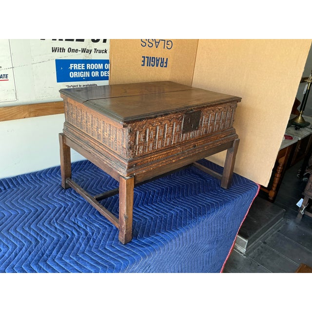 Gothic Gothic Style Antique Carved Oak Travel Chest on Stand For Sale - Image 3 of 9