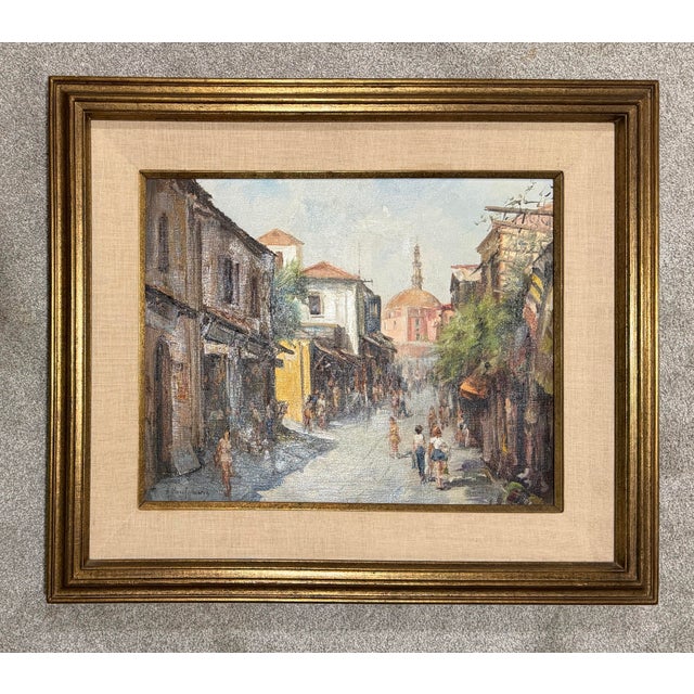 Antonis L. Karafyllakis, Mediterranean Street Scene, oil on canvas, circa 1960s-1970s, depicting a lively old-world market...
