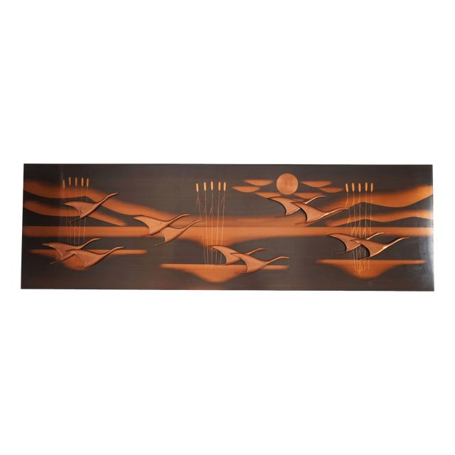 Large Mid-Century Copper Wall Panel with Flying Birds and Sun, 1950s For Sale