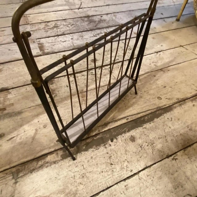 1950s Mid-Century Modern Black Painted Iron and Brass Italian Magazine Rack For Sale - Image 4 of 9
