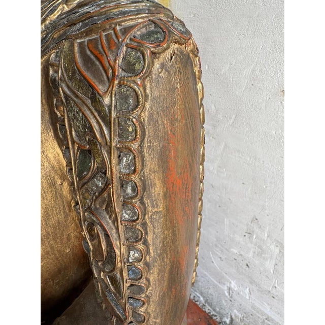Large Seated Buddha Sculpture in Carved Base Gilded Wood For Sale - Image 16 of 18