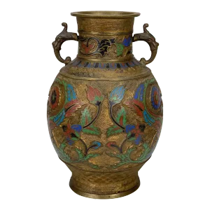 Antique Japanese Bronze Floral Motif Champleve Enamel Urn Vase