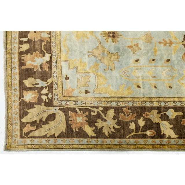 Sky Blue Modern Hand-Knotted Oushak Style Wool Area Rug in Soft Sky Blue and Ochre Gold For Sale - Image 8 of 12