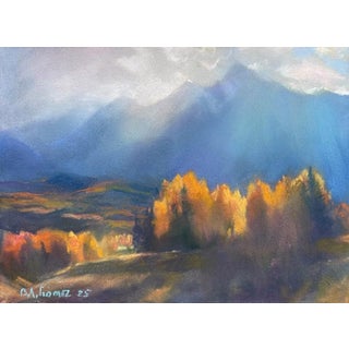 Dean Captures Wilson by Bruce A Gómez | Pastel Landscape with mountains and autumn trees For Sale