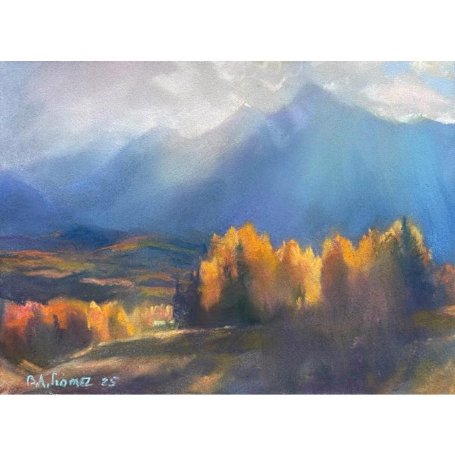 Dean Captures Wilson by Bruce A Gómez | Pastel Landscape with mountains and autumn trees For Sale