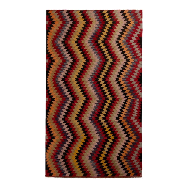 1950s Handwoven Vintage Afyon Kilim Rug in Red Multicolor Chevron Pattern For Sale