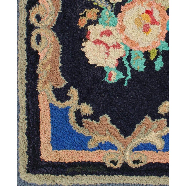1930s American Hooked Rug With Large Floral Medallion in Black Background For Sale - Image 4 of 9