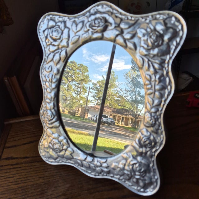 1990s Handcrafted Mexican Pewter Ornate Elegant Tabletop Mirror Folk Art 12x10" Roses For Sale - Image 6 of 16