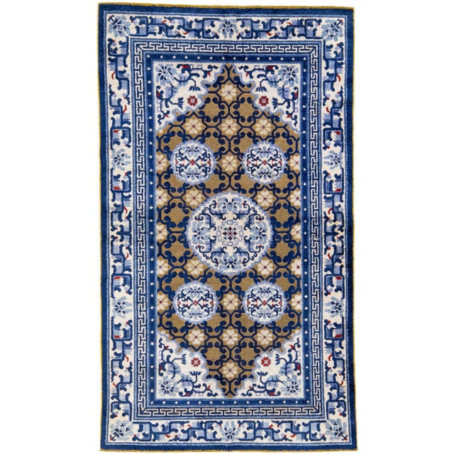 Textile 1920's Chinese Peking Wool Rug Handmade With Allover Motif in Brown & Blue For Sale - Image 7 of 7