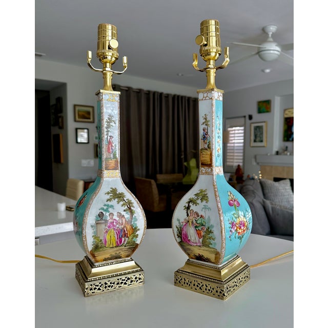 Traditional Pair 19th Century Helena Wolfsohn Dresden Porcelain Lamps For Sale - Image 3 of 16