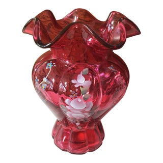 Vintage Fenton Cranberry Red Melon Vase With Hand Painted Flowers Signed by Artist For Sale