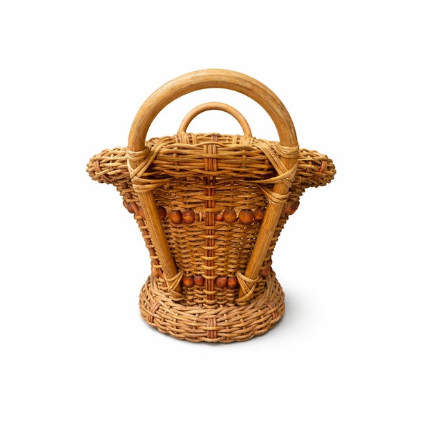 Contemporary Vintage 1970s Honey-Toned Wicker Basket With Wood Bead Detail & Sculptural Handles For Sale - Image 3 of 9