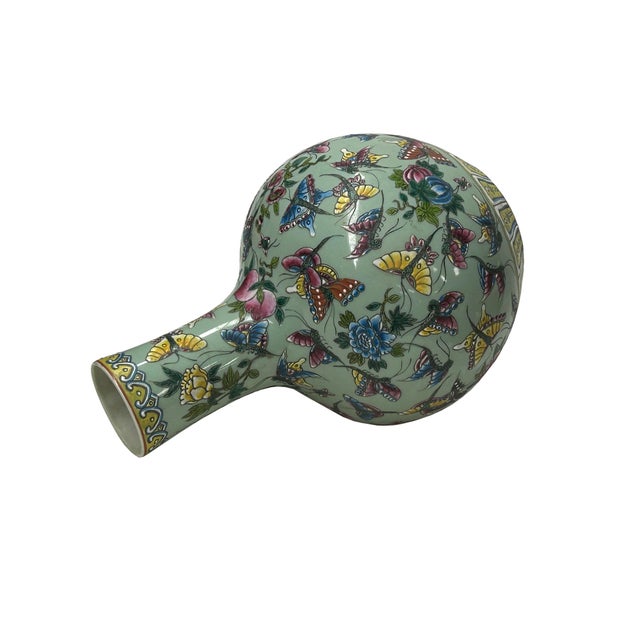 1980s Orient Celadon Green Color Butterflies Pottery Ceramic Vase For Sale - Image 5 of 11