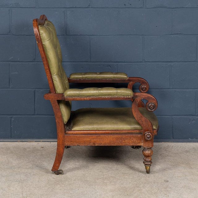 Antique English Mahogany Reclining Armchair with Green Leather Upholstery, 19th Century For Sale - Image 10 of 18