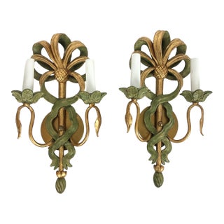 Vintage Carved Wood Italian Gold Leaves Wall Sconces - a Pair For Sale