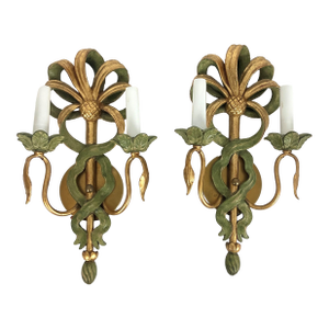 Vintage Carved Wood Italian Gold Leaves Wall Sconces - a Pair