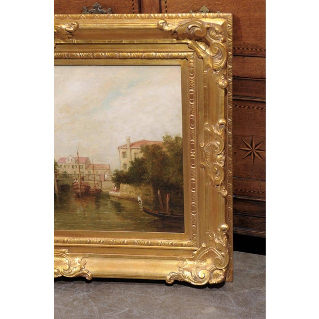 Late 19th Century Oil Painting of a Canal Scene with Boats and Pedestrians from Late 19th Century For Sale - Image 5 of 7