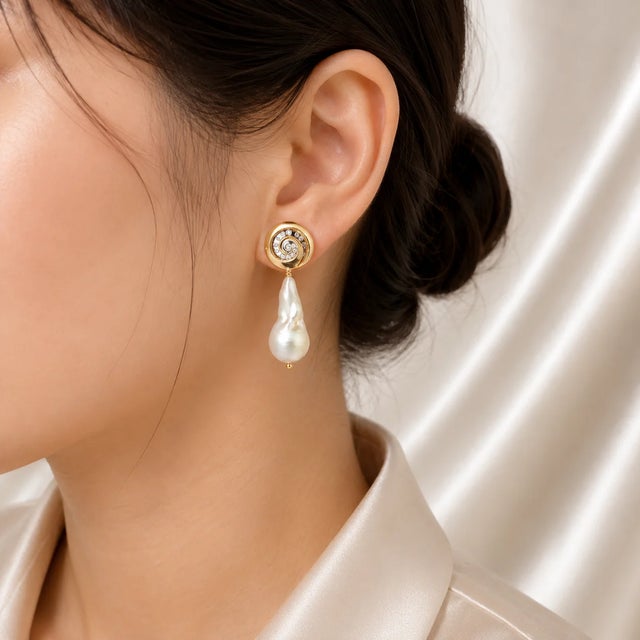 Baroque Late 20th Century 14K Gold Baroque Pearl Diamond Swirl Drop Earrings, Pair For Sale - Image 3 of 3