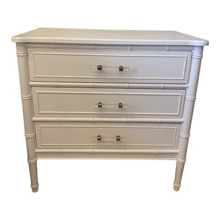 Restored White Faux Bamboo Chest With Lucite and Brass Hardware For Sale