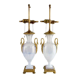 Early 19th Century French Empire Ormolu Mounted Opalescent Glass 2-Light Table Lamps - A Pair
