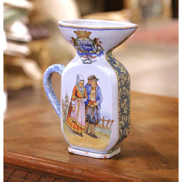 19th C. French Porquier-Beau Quimper Pitcher Vase With Coat of Arms & Bretons For Sale - Image 4 of 14
