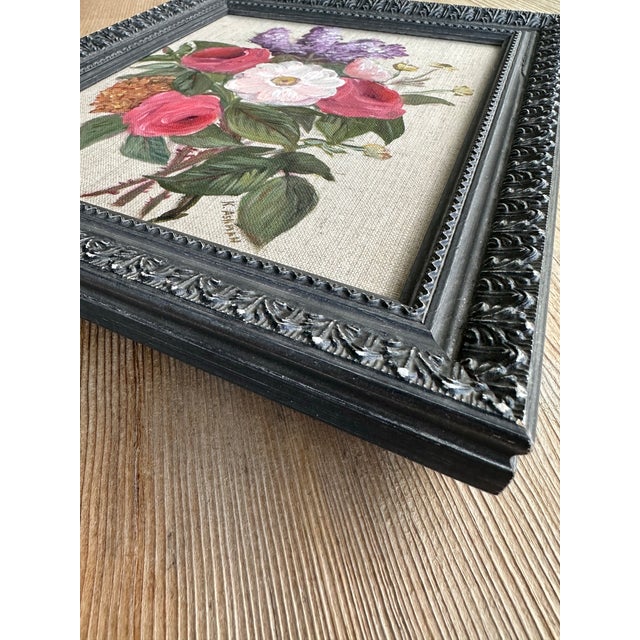 Textile ‘Vintage Garden” 8x10 Traditional Botanic Inspired Pink and Purple Floral Painting on Natural Linen Canvas Framed in Antique Style Black Frame. For Sale - Image 7 of 8