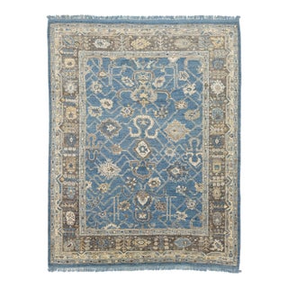Contemporary Hand-Knot Modern Oushak Style Wool Area Rug in French Blue & Taupe For Sale