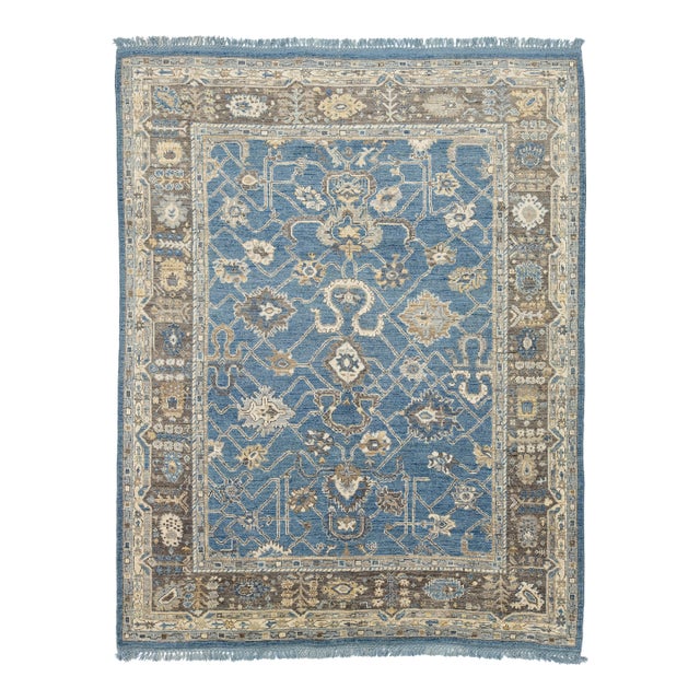 Contemporary Hand-Knot Modern Oushak Style Wool Area Rug in French Blue & Taupe For Sale