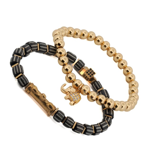 Traditional Lucky Gold Elephant & Ethnic Black Beaded Bracelet Set For Sale - Image 3 of 8