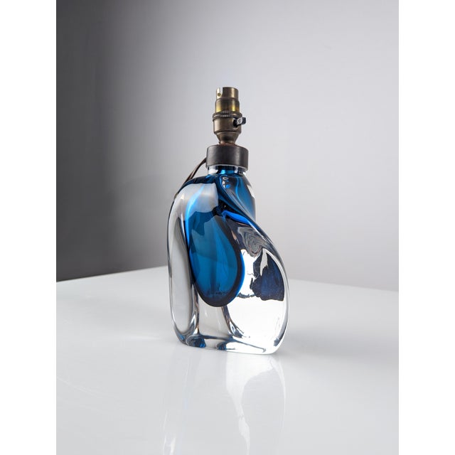Orrefors Vintage Swedish Modern Blue Cased Glass Table Lamp from Orrefors, 1950s For Sale - Image 4 of 11