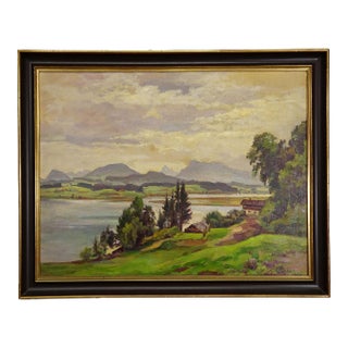 Alpine Lake View Oil Painting With Tyrolean Hut For Sale