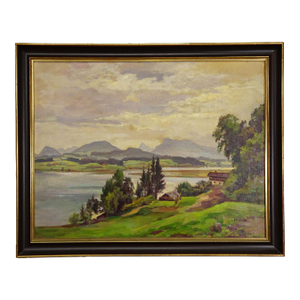 Alpine Lake View Oil Painting With Tyrolean Hut