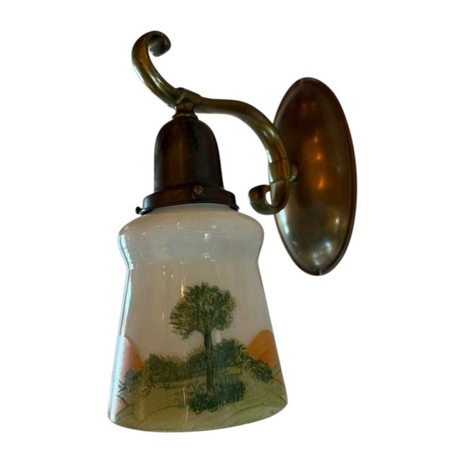 1920s Hand Painted Landscape Art Glass on Brass S Shape Armed Wall Sconce For Sale - Image 4 of 6