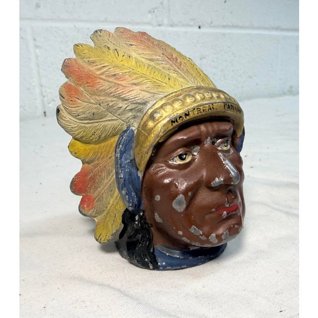 Rare Antique Native American Indian Chief Montreal White Metal Still Coin Bank For Sale - Image 4 of 12