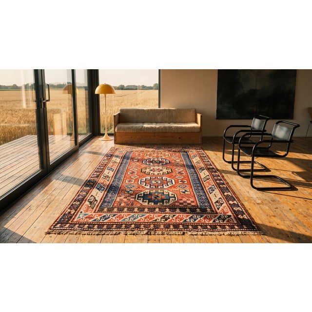 Textile 1900s Red Geometric Antique Caucasian Kazak Rug 4'4" X 8'0" Knotted Pile Wool Carpet For Sale - Image 7 of 8