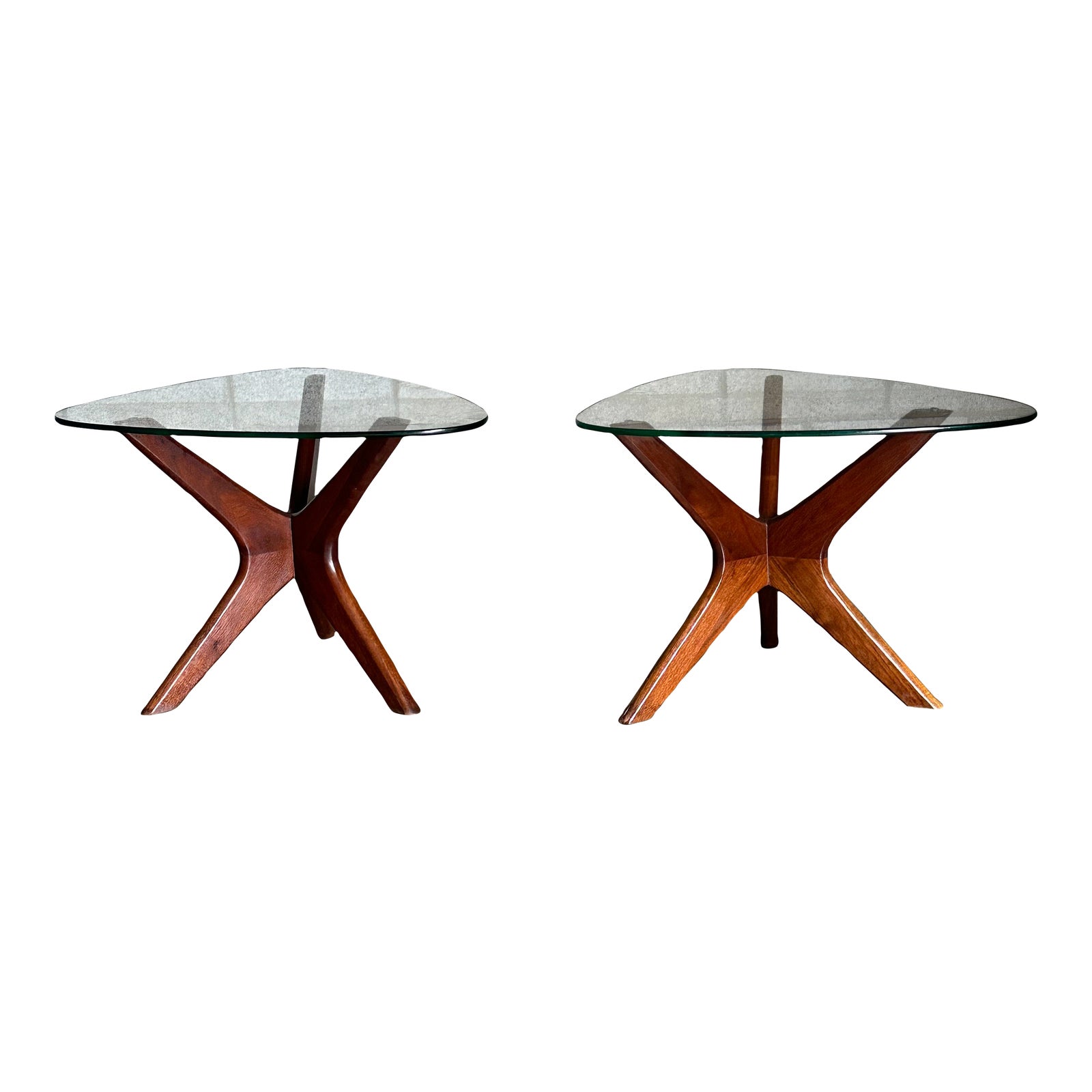 1950s Adrian Pearsall “Jacks” End Tables, Walnut and Glass a Pair
