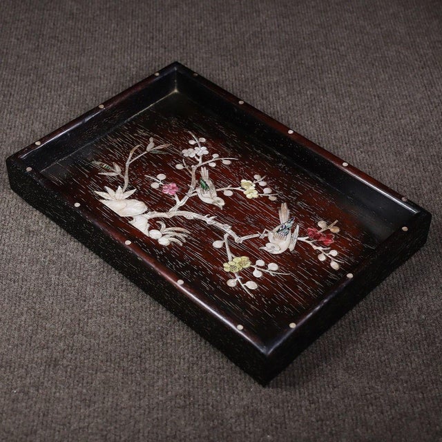 Late 19th Century Dark Wood Tea Tray With Mother-of-Pearl Bird and Floral Inlay For Sale - Image 5 of 10