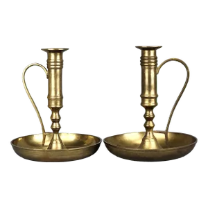 Pair of Mid 20th Century Oversized Dark Brass Candlestick Holders With Handle and Drip Tray