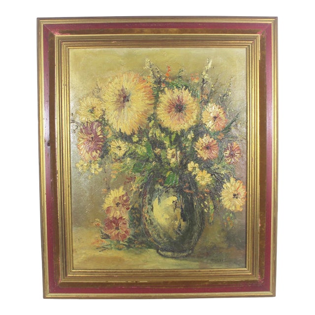 Large Antique Floral Still Life Oil Painting Texture Dahlias Red and Gold Gilt Wood Frame Fine Art Signed by Artist For Sale