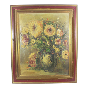 Large Antique Floral Still Life Oil Painting Texture Dahlias Red and Gold Gilt Wood Frame Fine Art Signed by Artist