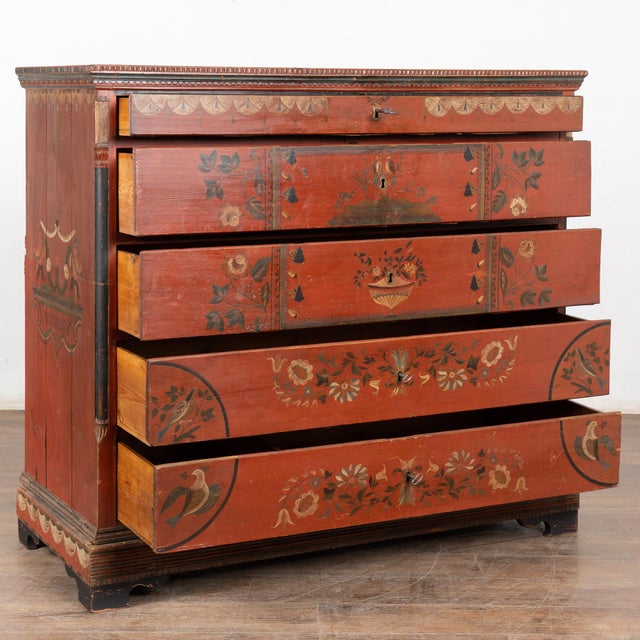 19th Century Original Red-Painted Danish Pine Chest of Five Drawers 19th-century pine chest of five drawers retaining its...
