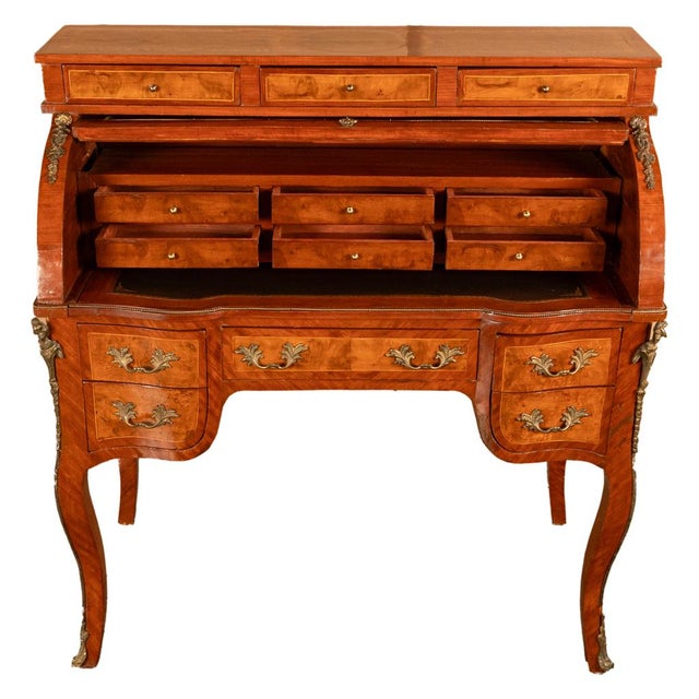 Antique French Louis XV Cylinder Marquetry & Ormolu Bureau Writing Desk 1880 For Sale - Image 4 of 17