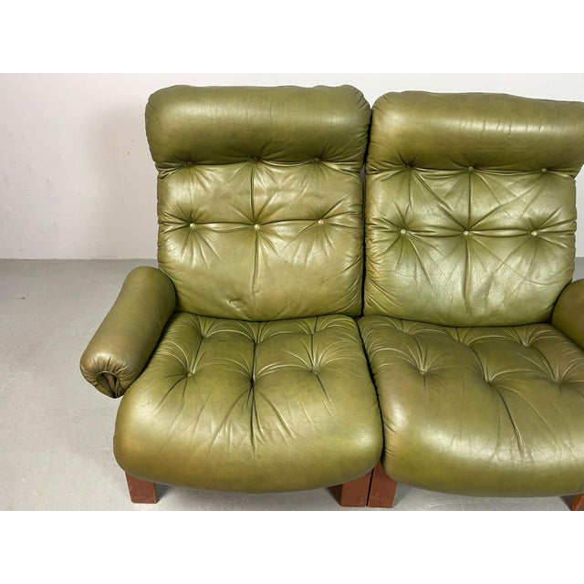 Vintage Scandinavian Two-Seater Ry-Wing Lounge Sofa in Olivegreen Leather by Elsa and Nordahl Solheim for Rybo Rykken & Co, 1960s For Sale - Image 9 of 18
