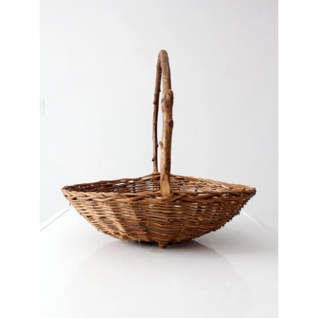 Sculptural antique willow gathering basket with a broad, shallow profile and tall natural branch handle. Beautifully...