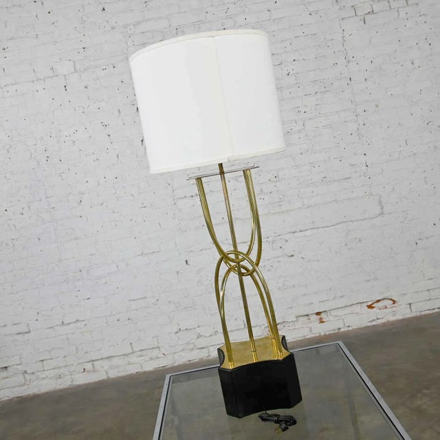 1960s Mid-Century Modern Table Lamp Brass Looped Tube Black Base White Drum Shade For Sale - Image 4 of 13