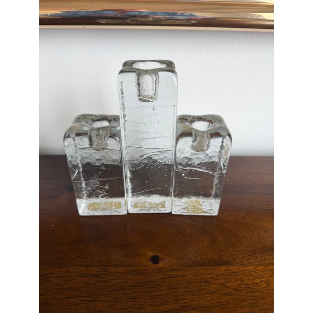 Transparent Blenko Cracked Ice Candle Holders For Sale - Image 8 of 9