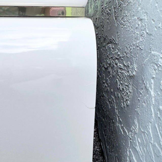 Postmodern Galactic White Gloss Laminate Waterfall Dresser With Gold Accents For Sale - Image 9 of 9